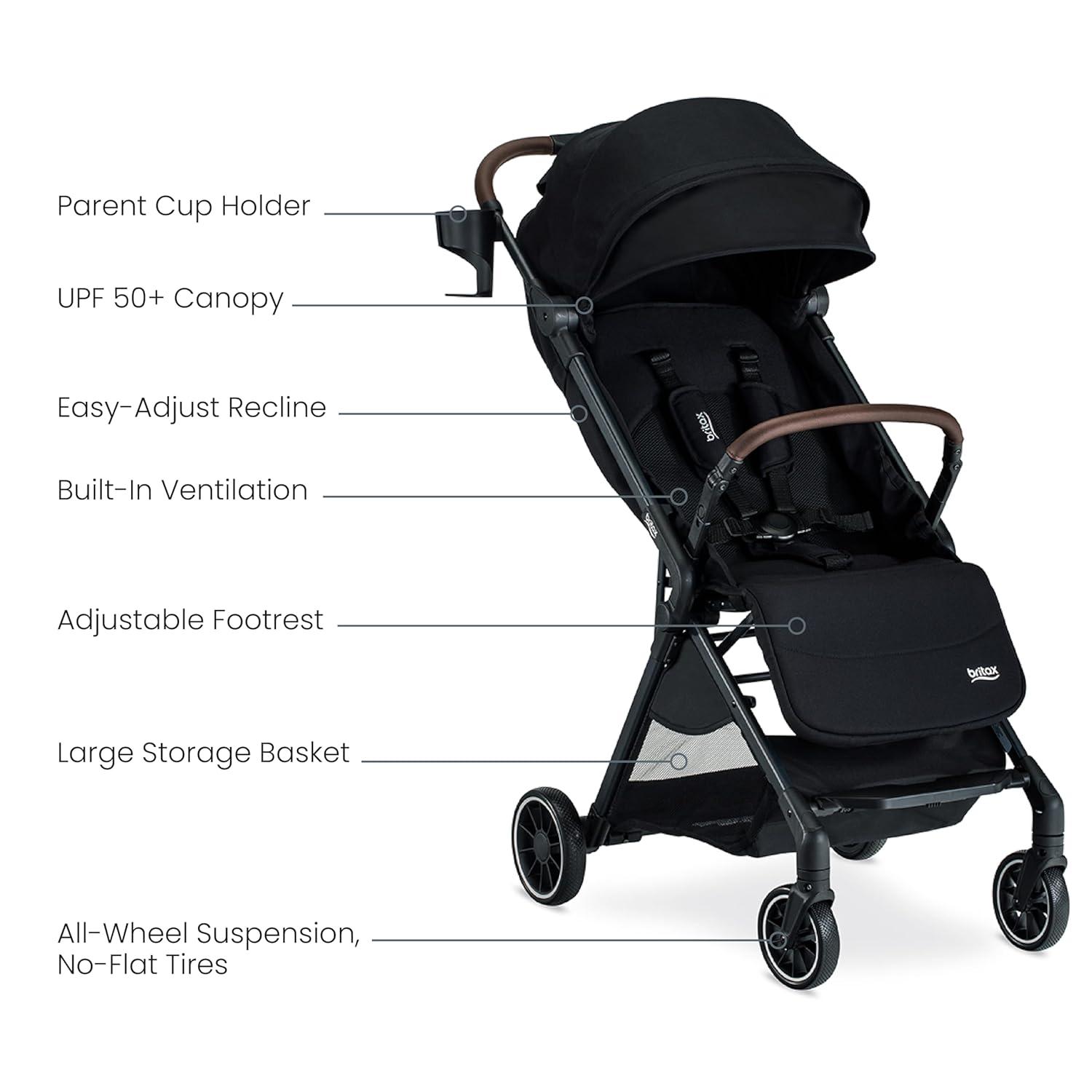 imageBritax Juniper Compact OnTheGo Stroller Effortless Fastpack System with OneHand RapidFold Portable ampamp Lightweight for Travel Builtin Carry Handle Ventilating Fabrics Raven Black